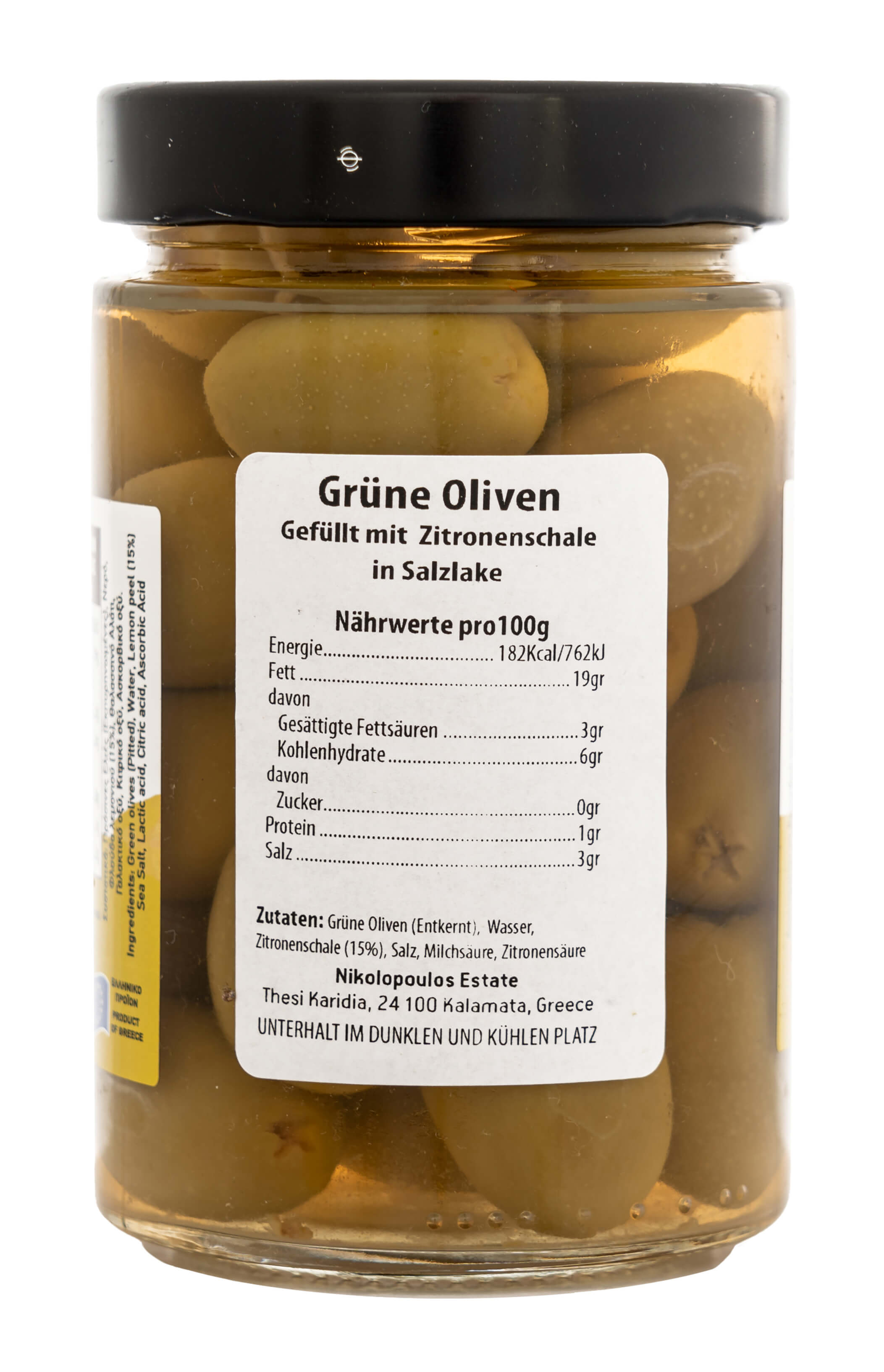Grüne Oliven gefüllt mit Zitronenschale