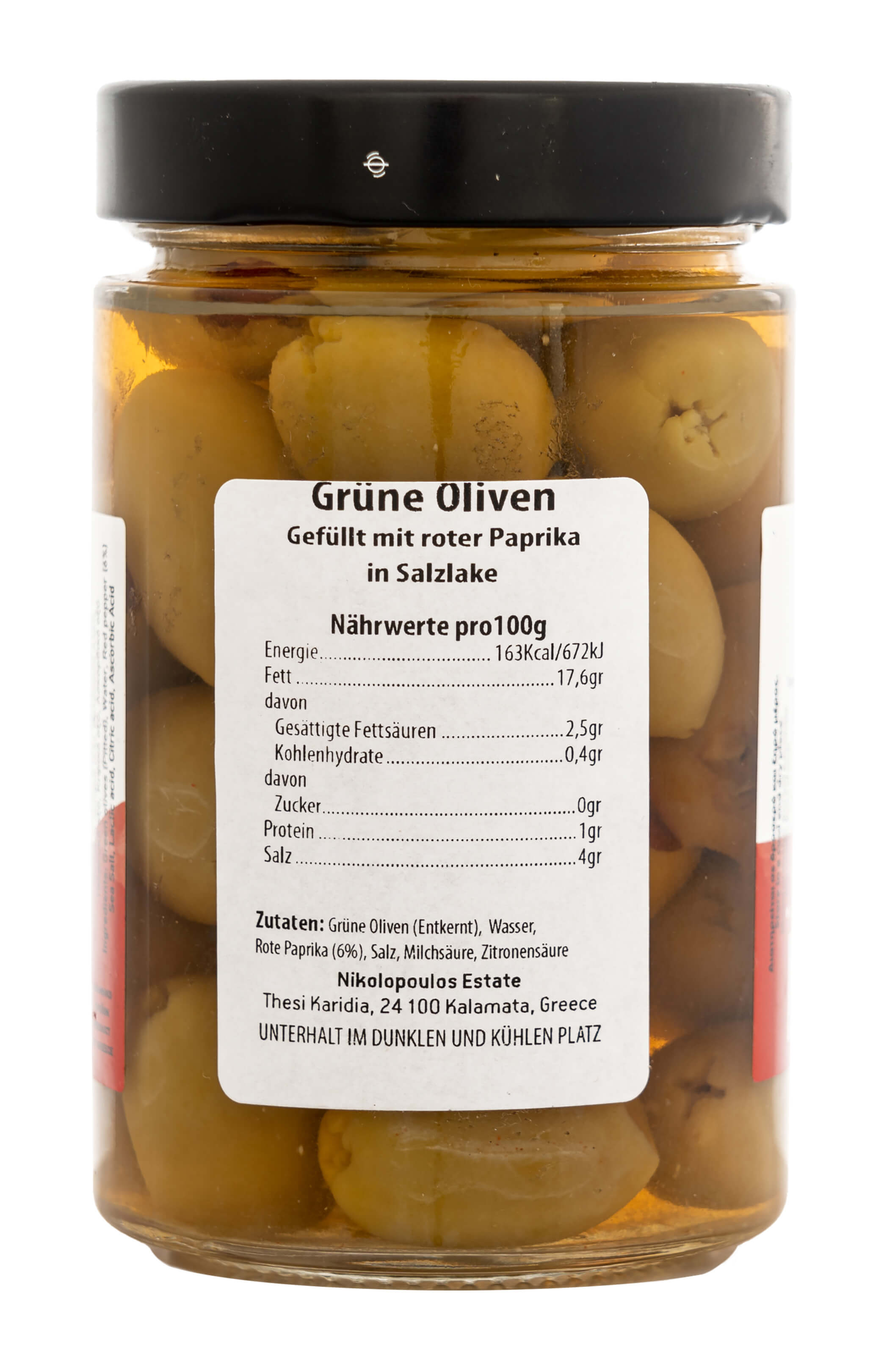 Grüne Oliven gefüllt mit roter Paprika | O-15